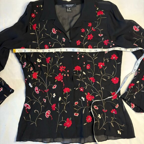 Karen Kane Black 100% Rayon Floral Embroidered Button Down Long Sleeve Blouse - Picture 6 of 10